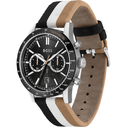 Original Hugo Boss: Black Dial, Brown Fiber Multi-Color Strap - Timeless Style with a Contemporary Twist